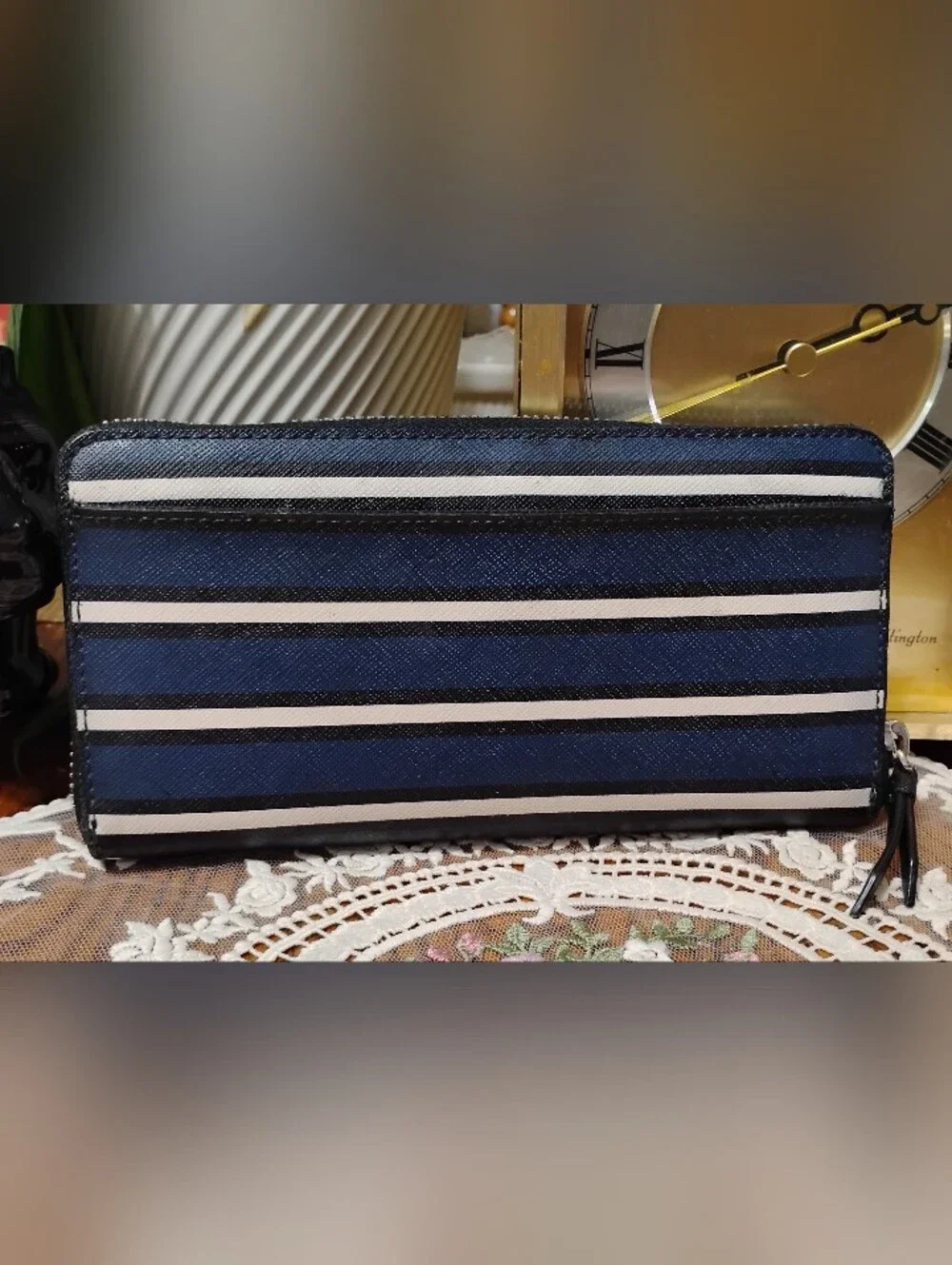 Kate Spade Navy, White & Black Striped Zip Around Clutch Wallet